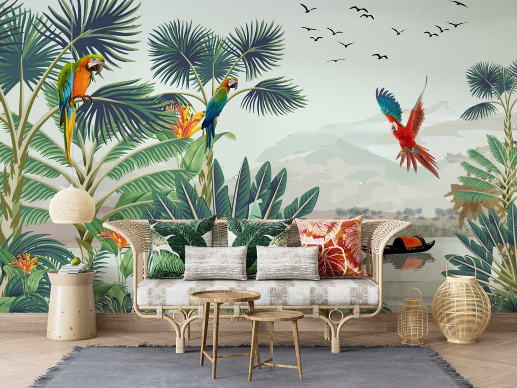 Parrot Paradise Wallpaper : Macaws and Tropical Lake Mural - View 4