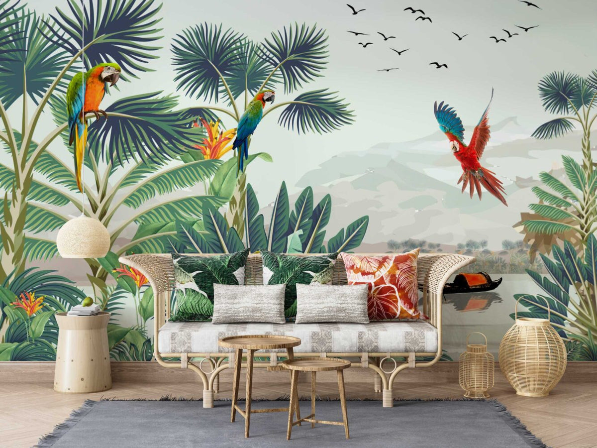 Parrot Paradise Wallpaper : Macaws and Tropical Lake Mural - View 4