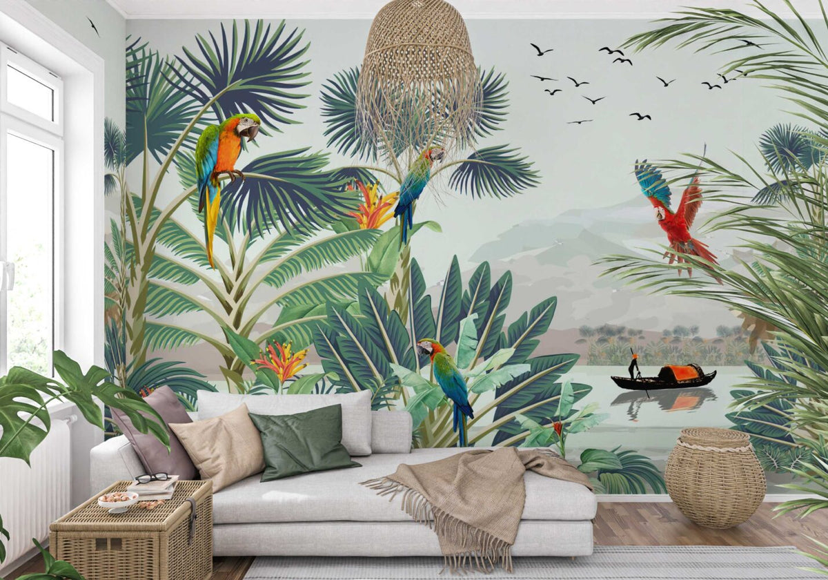 Parrot Paradise Wallpaper : Macaws and Tropical Lake Mural
