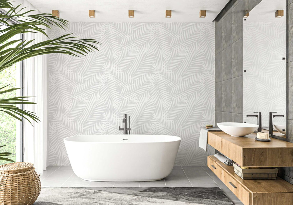 White Tropical Leaf Wallpaper : Subtle Palm Pattern on Grey Mural - View 2