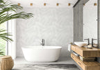White Tropical Leaf Wallpaper : Subtle Palm Pattern on Grey Mural - View 2