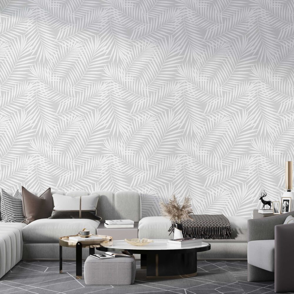 White Tropical Leaf Wallpaper : Subtle Palm Pattern on Grey Mural - View 3