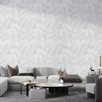White Tropical Leaf Wallpaper : Subtle Palm Pattern on Grey Mural - View 3