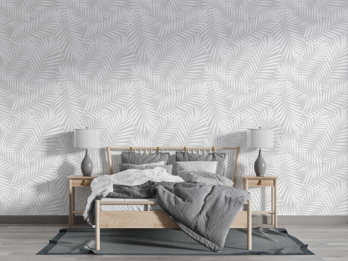 White Tropical Leaf Wallpaper : Subtle Palm Pattern on Grey Mural