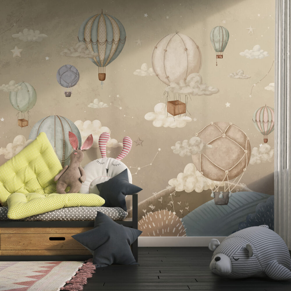 Hot Air Balloons Wallpaper : Beige Constellation Sky Kids Mural - View 2