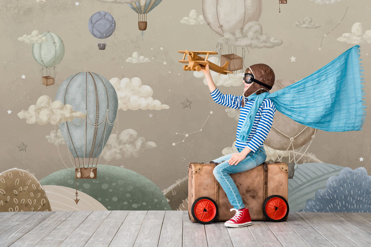 Hot Air Balloons Wallpaper : Beige Constellation Sky Kids Mural - View 3