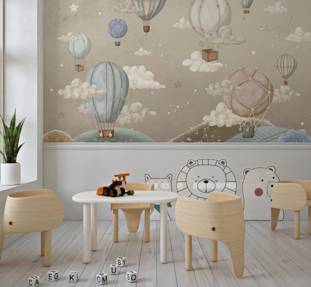 Hot Air Balloons Wallpaper : Beige Constellation Sky Kids Mural - View 4