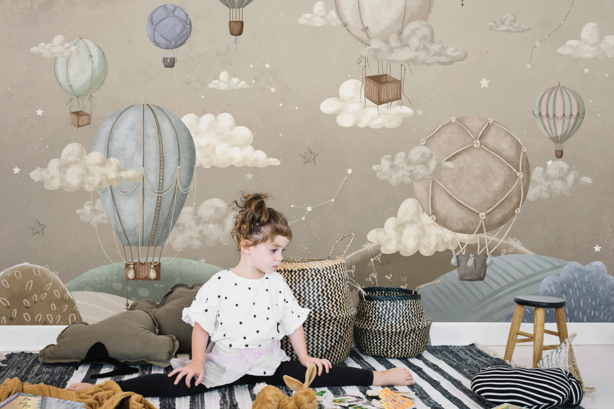 Hot Air Balloons Wallpaper : Beige Constellation Sky Kids Mural