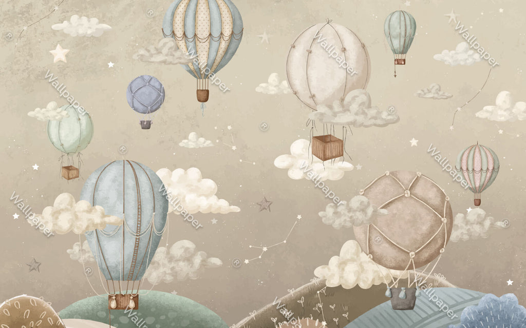 Hot Air Balloons Wallpaper : Beige Constellation Sky Kids Mural - flat design