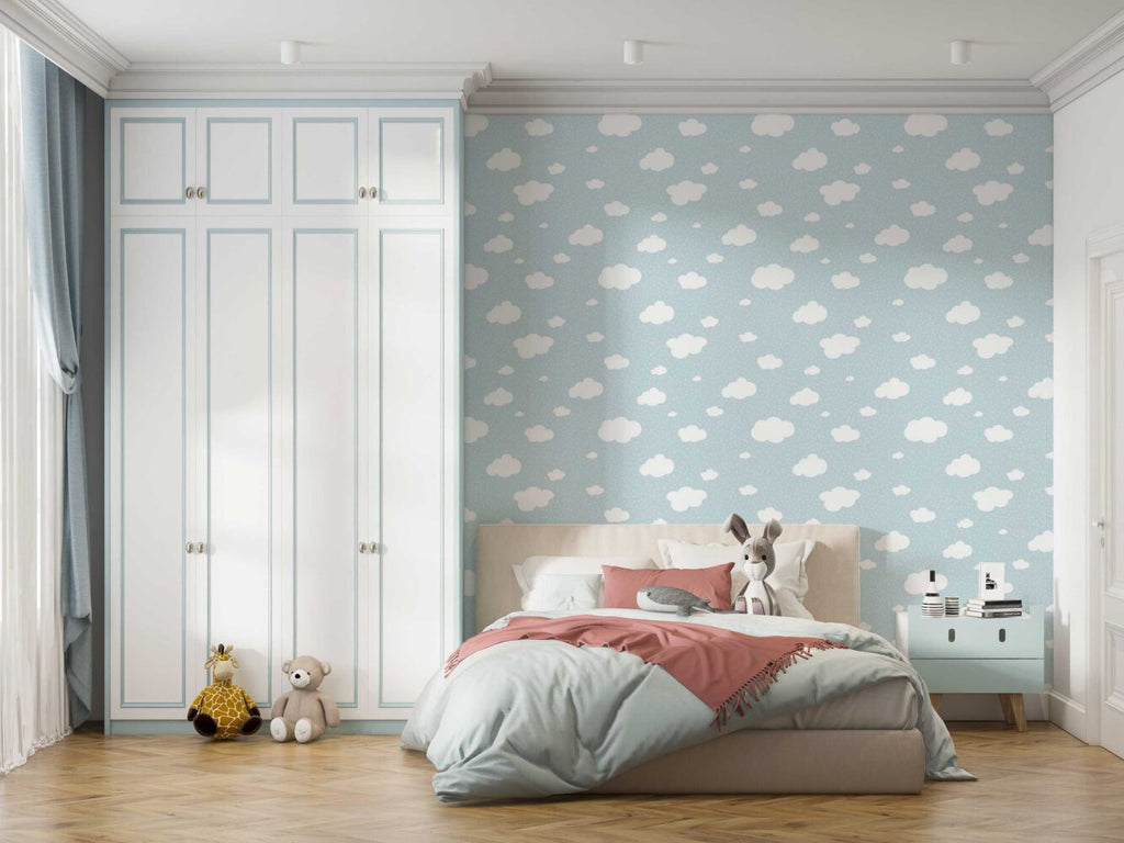 Little Clouds Wallpaper : White Clouds on Baby Blue Pattern Mural - View 2
