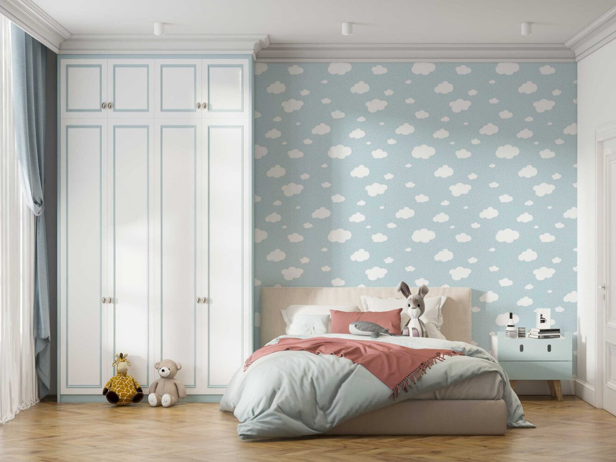 Little Clouds Wallpaper : White Clouds on Baby Blue Pattern Mural - View 2