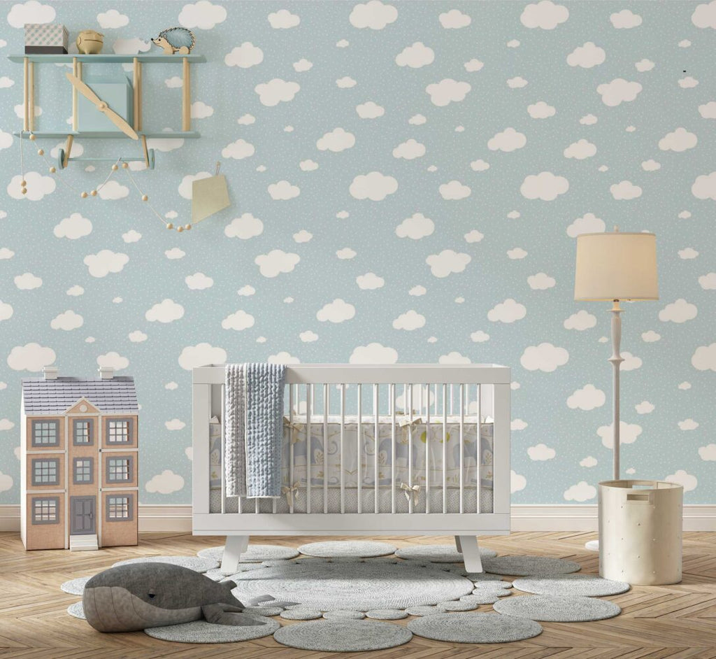 Little Clouds Wallpaper : White Clouds on Baby Blue Pattern Mural - View 3
