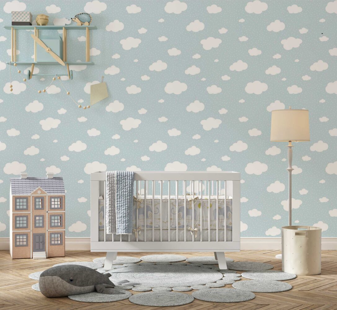 Little Clouds Wallpaper : White Clouds on Baby Blue Pattern Mural - View 3