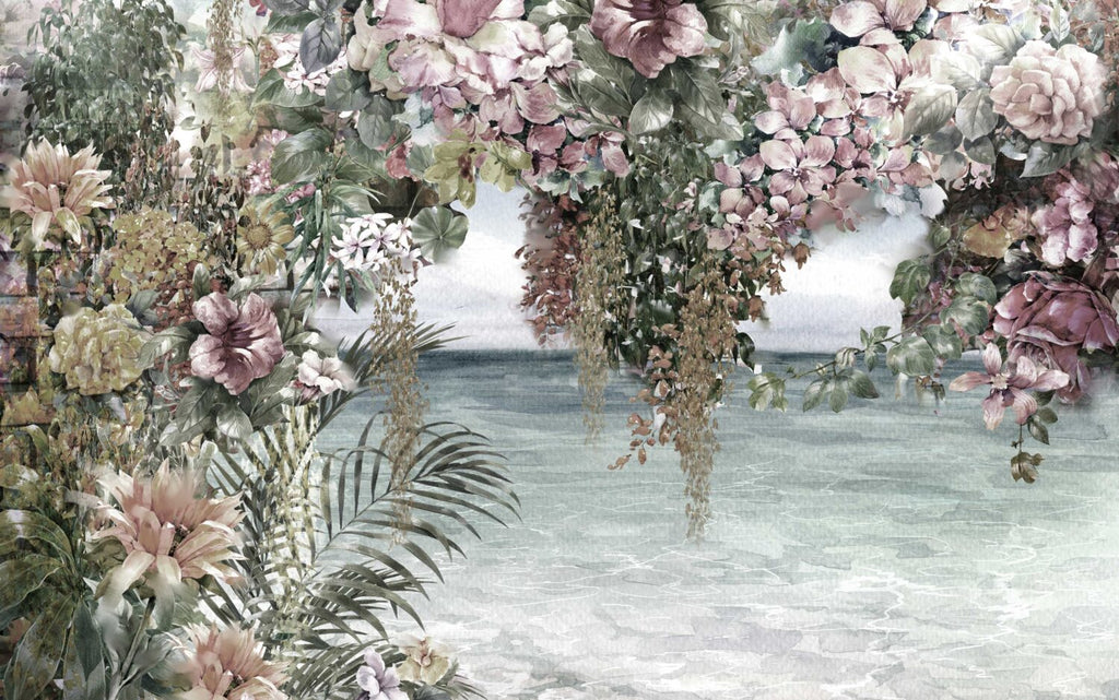 Hanging Roses Sea View Wallpaper : Floral Arch over Water Mural - flat design