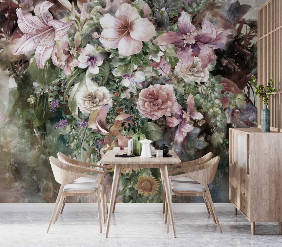 Oil Painting Lily Wallpaper : Lush Floral Bouquet Mural - View 3