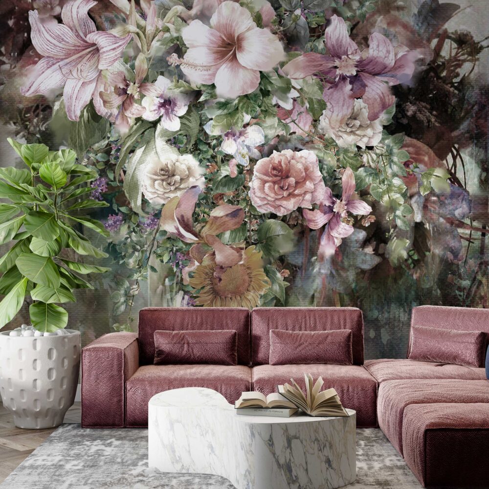 Oil Painting Lily Wallpaper : Lush Floral Bouquet Mural