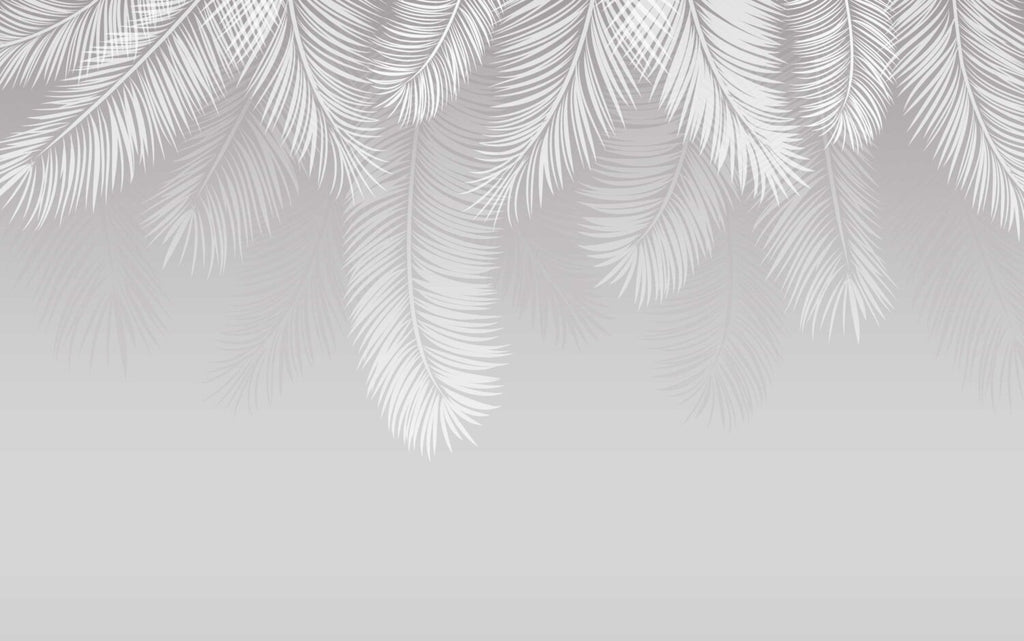 White Palm Leaf Wallpaper : Hanging Fronds on Grey Mural - flat design