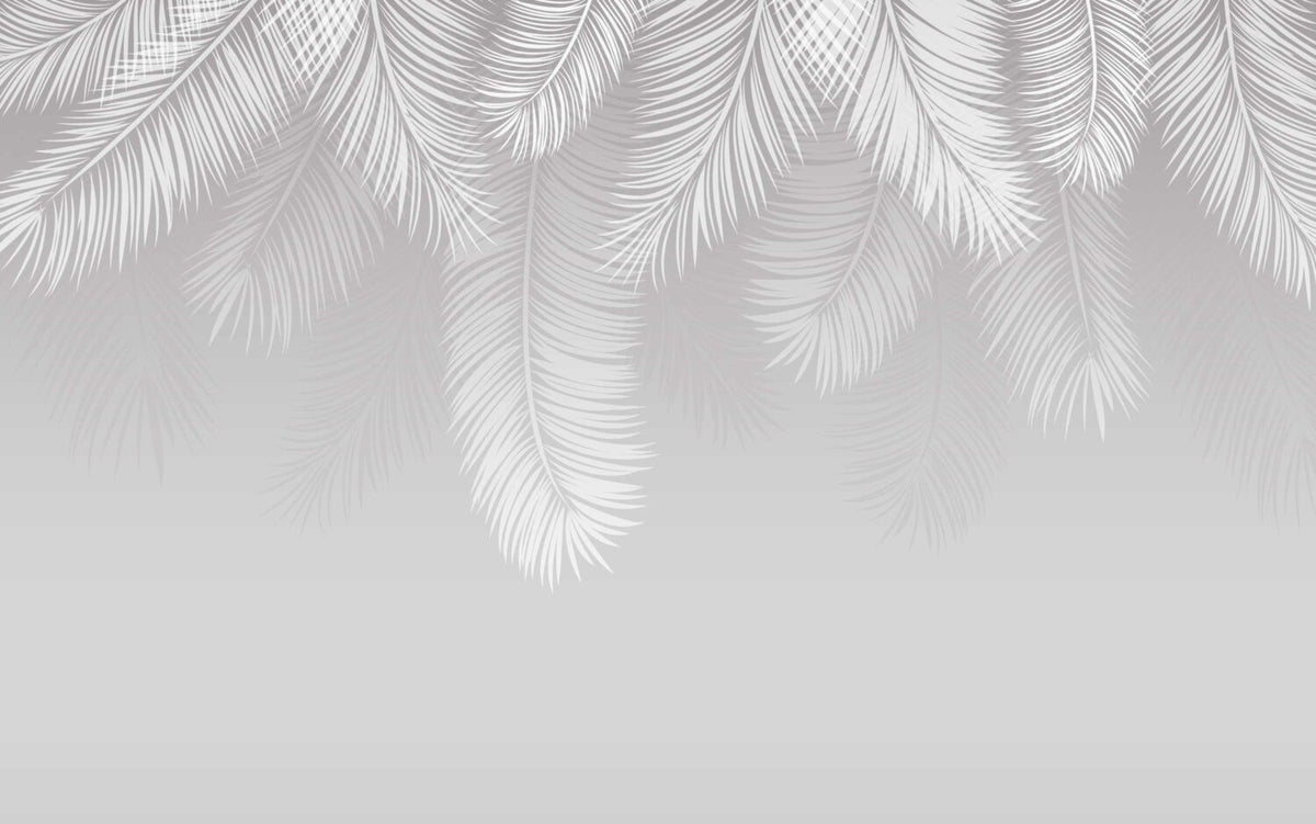 White Palm Leaf Wallpaper : Hanging Fronds on Grey Mural - flat design