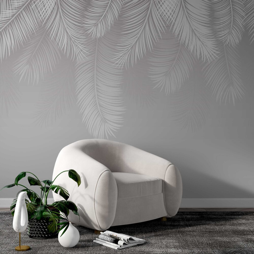 White Palm Leaf Wallpaper : Hanging Fronds on Grey Mural - View 2