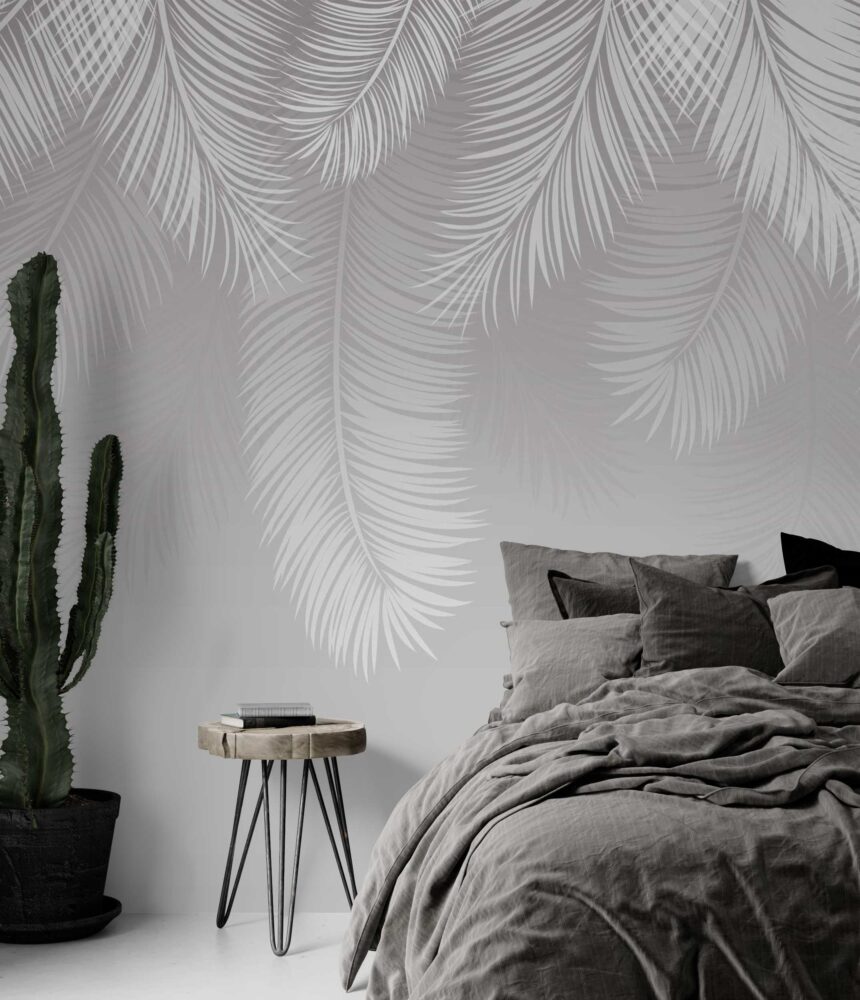 White Palm Leaf Wallpaper : Hanging Fronds on Grey Mural - View 3