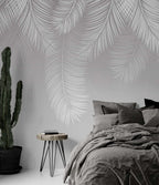 White Palm Leaf Wallpaper : Hanging Fronds on Grey Mural - View 3