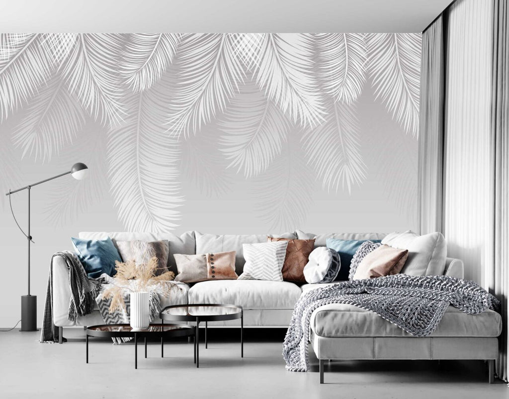 White Palm Leaf Wallpaper : Hanging Fronds on Grey Mural