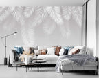 White Palm Leaf Wallpaper : Hanging Fronds on Grey Mural