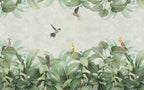 Tropical Leaves and Birds Wallpaper : Soft Green Border Mural - flat design