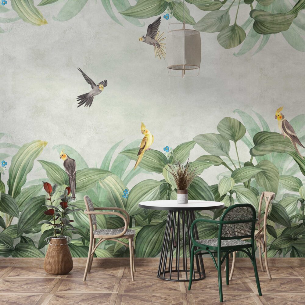 Tropical Leaves and Birds Wallpaper : Soft Green Border Mural - View 2