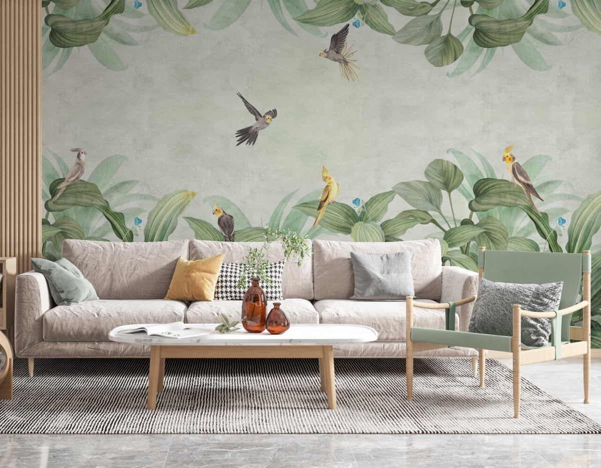 Tropical Leaves and Birds Wallpaper : Soft Green Border Mural - View 3