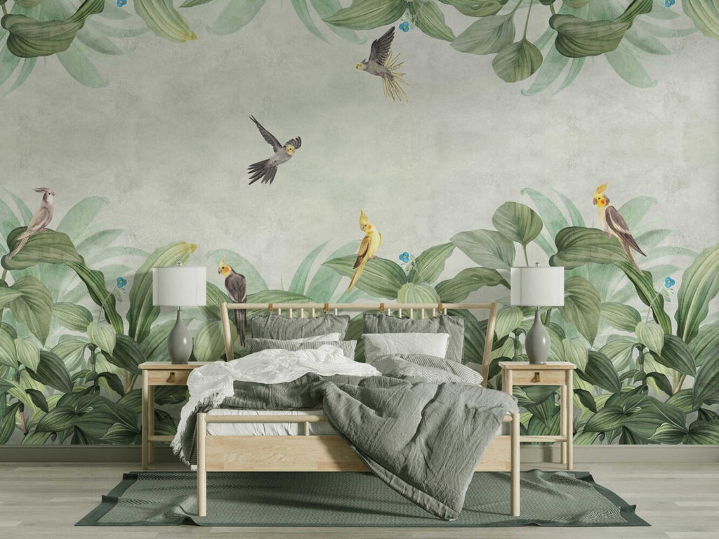 Tropical Leaves and Birds Wallpaper : Soft Green Border Mural
