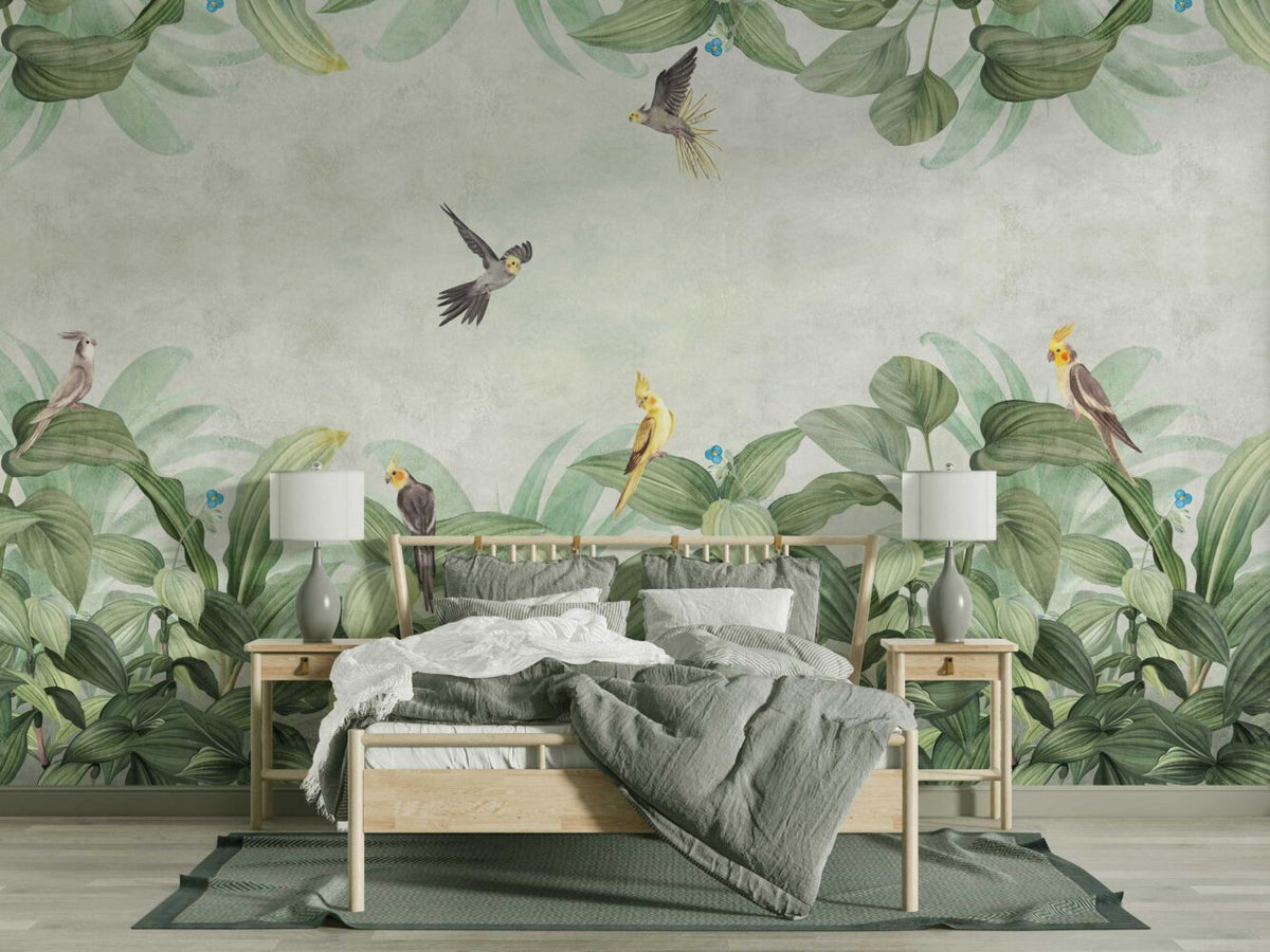 Tropical Leaves and Birds Wallpaper : Soft Green Border Mural