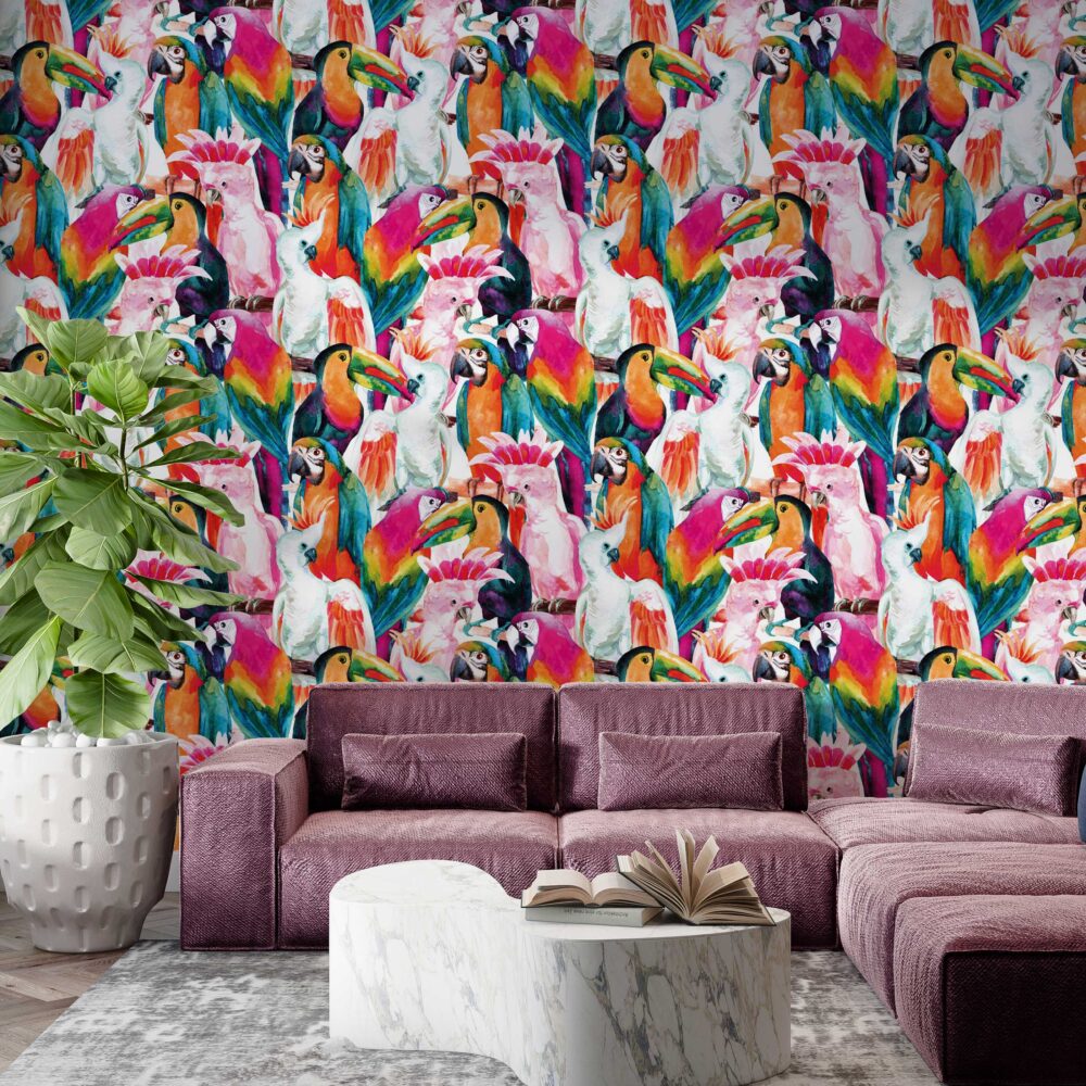 Colorful Parrot Wallpaper : Tropical Bird Pattern Mural - View 2