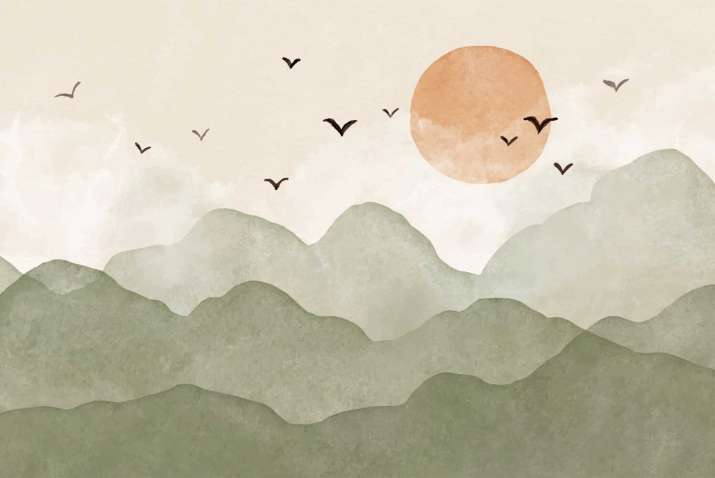 Sage Mountain Wallpaper : Orange Sun and Birds Mural - flat design
