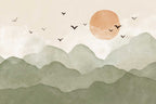 Sage Mountain Wallpaper : Orange Sun and Birds Mural - flat design