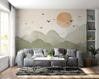 Sage Mountain Wallpaper : Orange Sun and Birds Mural - View 2