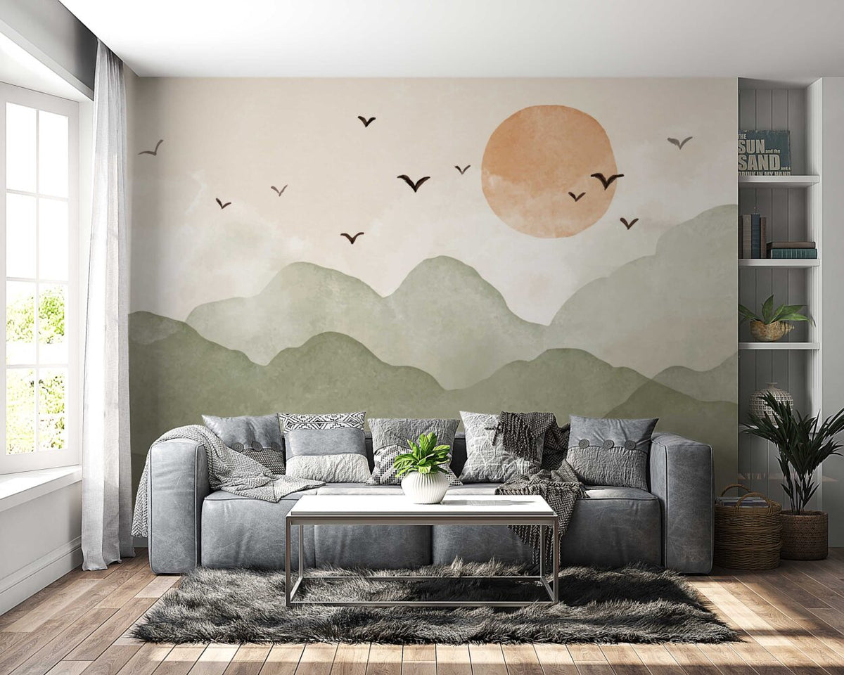 Sage Mountain Wallpaper : Orange Sun and Birds Mural - View 2