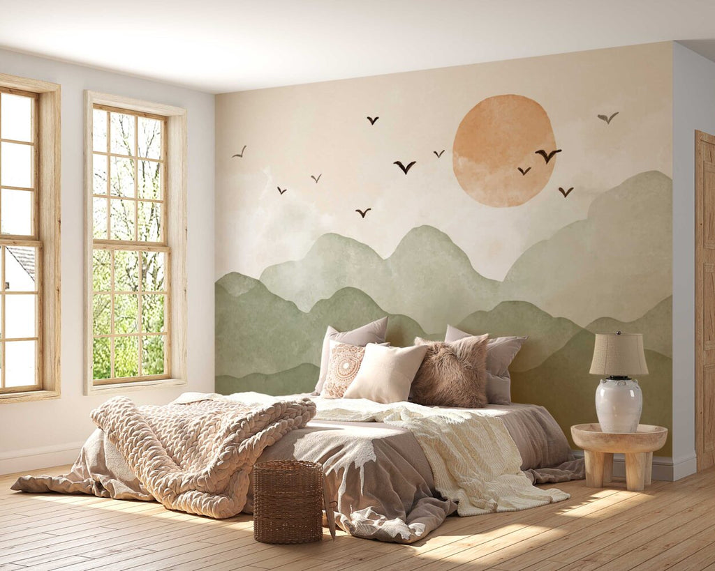 Sage Mountain Wallpaper : Orange Sun and Birds Mural - View 3