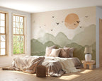 Sage Mountain Wallpaper : Orange Sun and Birds Mural - View 3