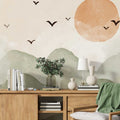 Sage Mountain Wallpaper : Orange Sun and Birds Mural