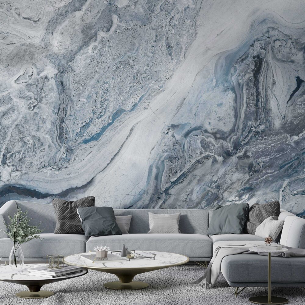 Blue Grey Marble Wallpaper : Fluid Stone Texture Mural - View 3