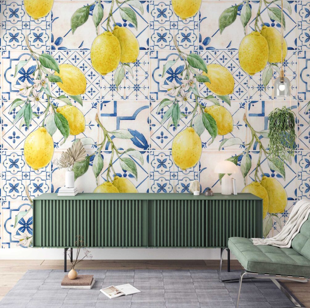 Lemon Tile Wallpaper : Blue Azulejo and Citrus Pattern - View 2