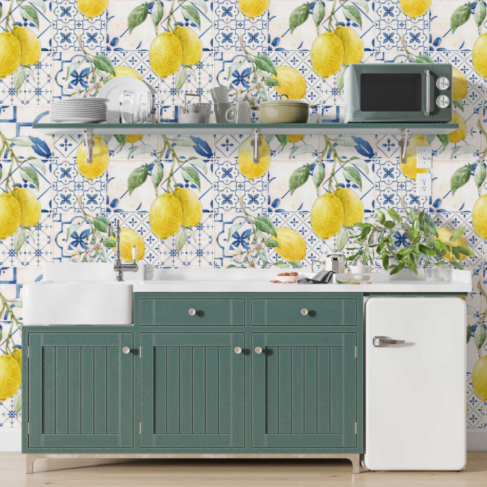 Lemon Tile Wallpaper : Blue Azulejo and Citrus Pattern - View 3