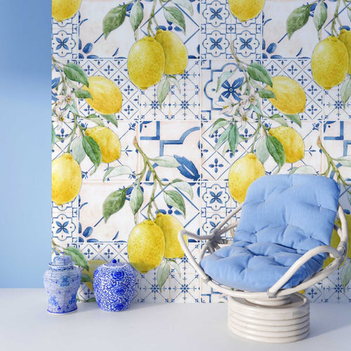 Lemon Tile Wallpaper : Blue Azulejo and Citrus Pattern