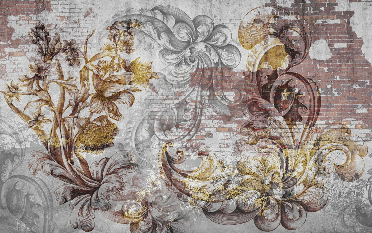 Baroque Brick Wallpaper : Gold Damask on Rustic Wall Mural - flat design