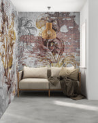 Baroque Brick Wallpaper : Gold Damask on Rustic Wall Mural - View 2