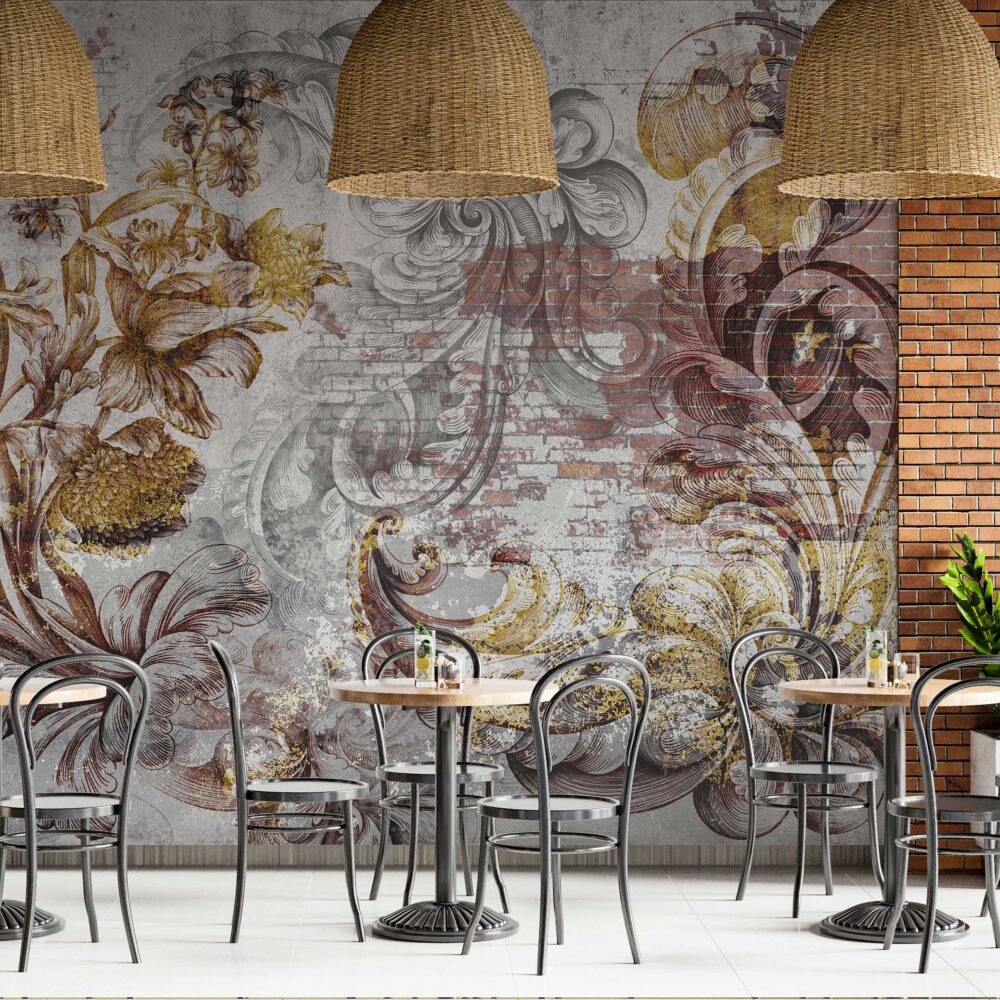Baroque Brick Wallpaper : Gold Damask on Rustic Wall Mural - View 3