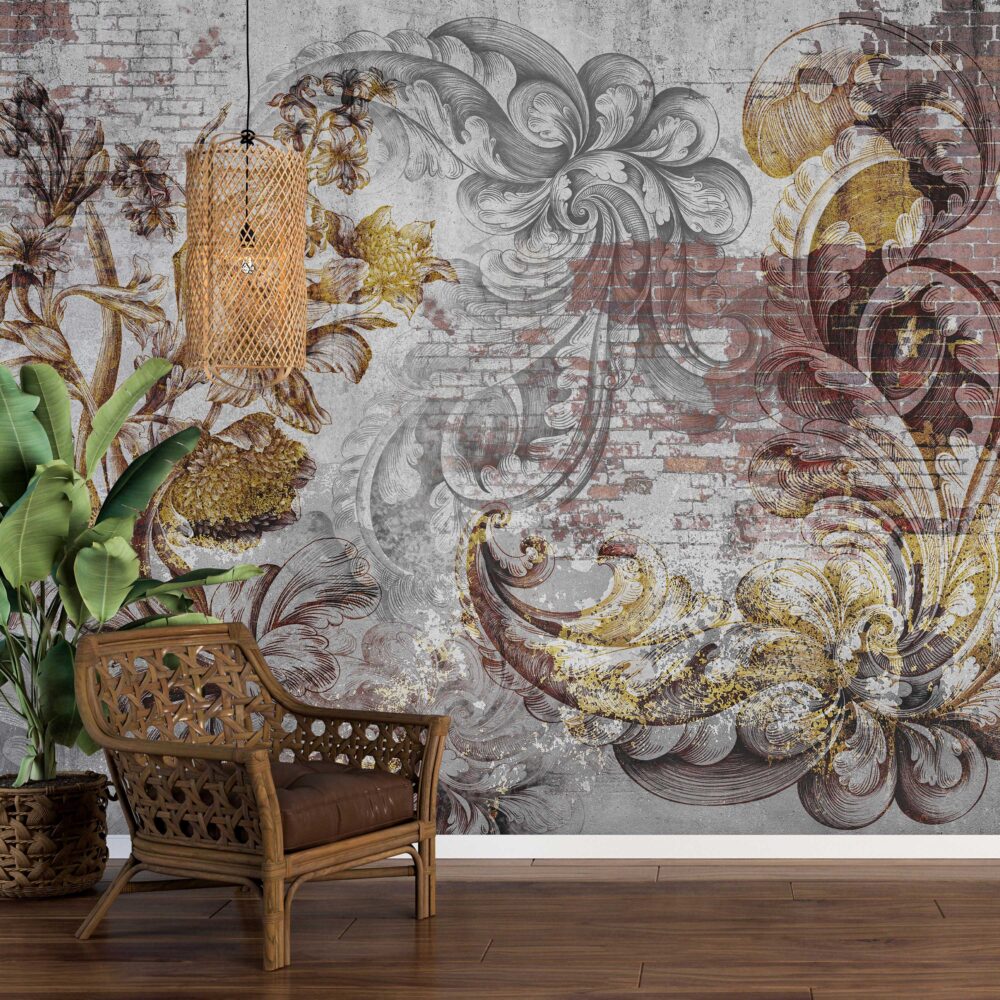 Baroque Brick Wallpaper : Gold Damask on Rustic Wall Mural