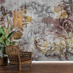 Baroque Brick Wallpaper : Gold Damask on Rustic Wall Mural