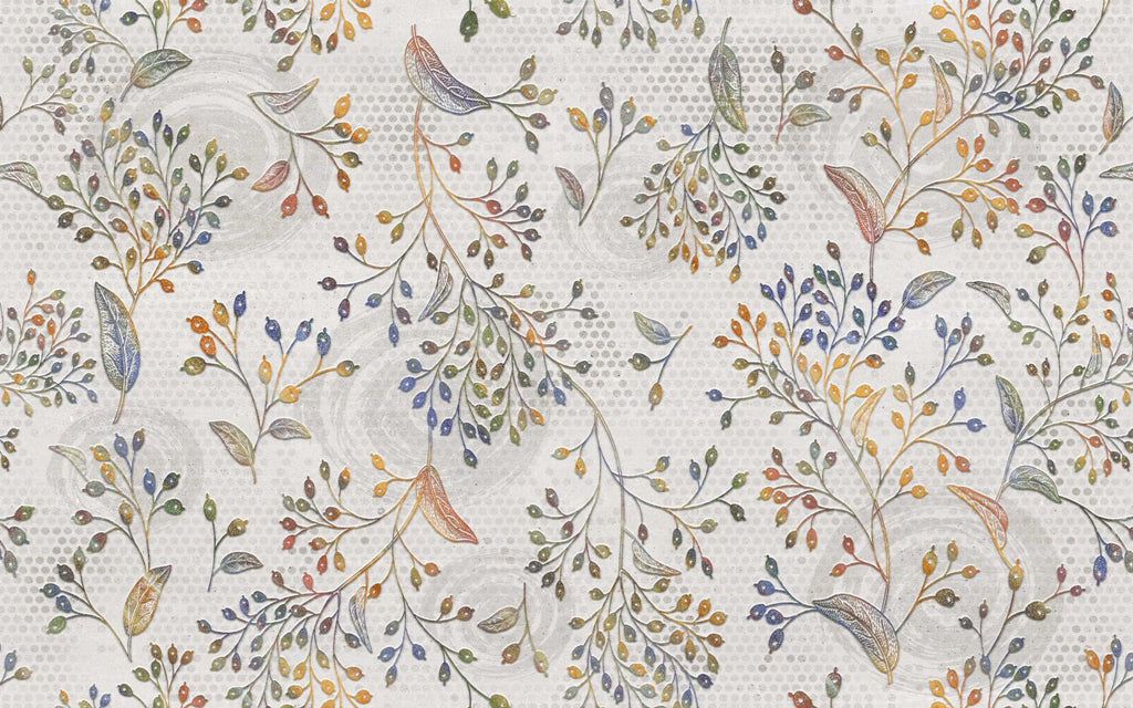Colorful Leaf Branch Wallpaper : Folk Botanical Pattern Mural - flat design